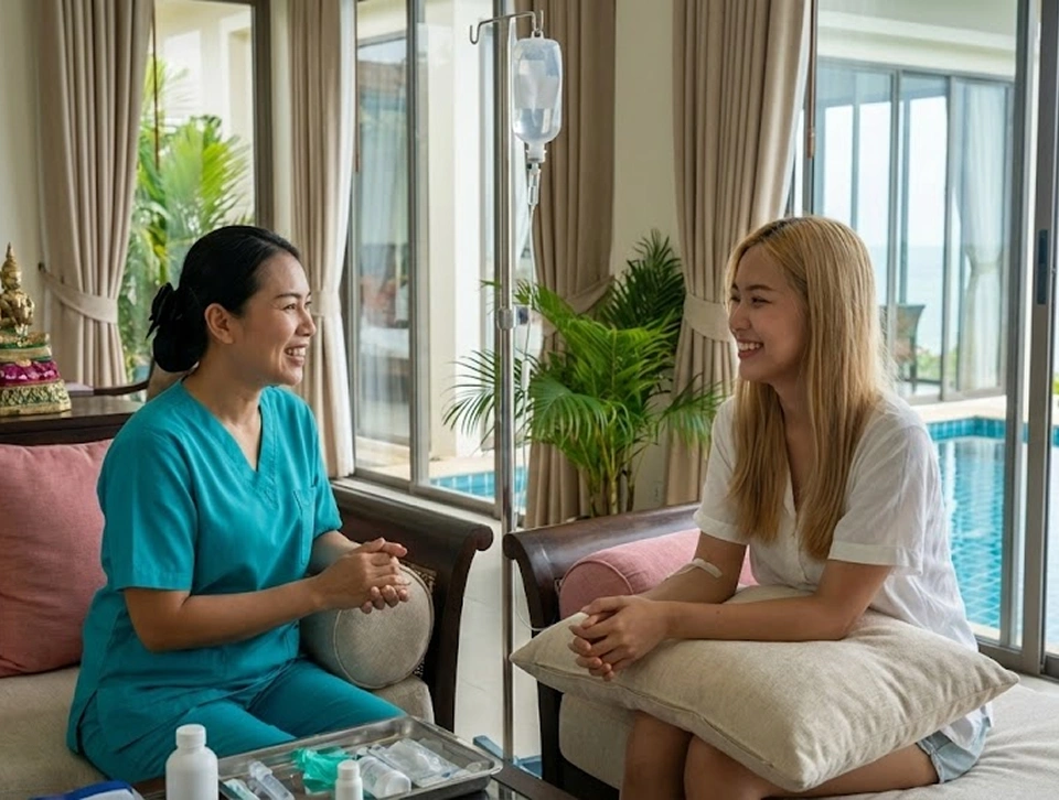 Doctor and nurse administering IV drip treatment for fast recovery at Infusion Phuket